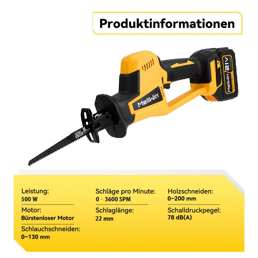 Gelbe und schwarze Säbelsäge mit Batterie, Spezifikationstabelle wird angezeigt. Der Hintergrund ist weiß.