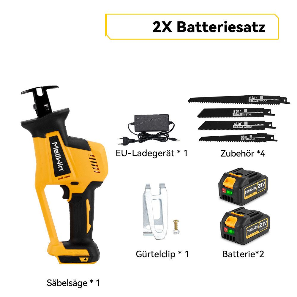 Gelb-schwarze Säbelsäge mit Klingen, Ladegerät, Batterien und Zubehör auf weißem Hintergrund.