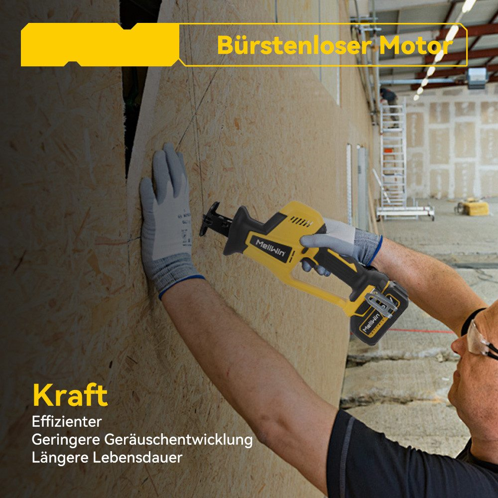 Ein Mann benutzt eine gelb-schwarze Säbelsäge, um Holz zu schneiden. Merkmale sind Kraft und Motor.