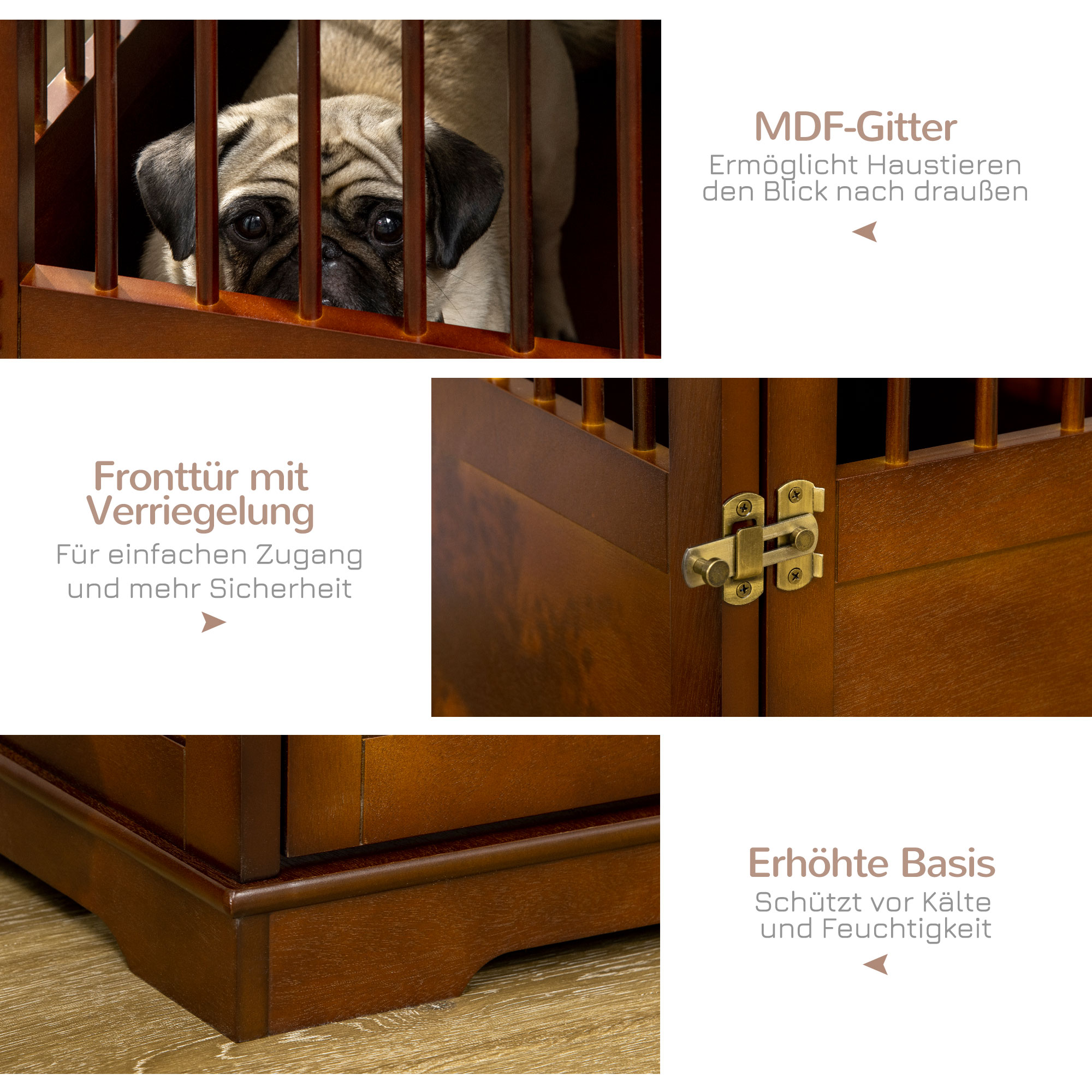 Nahaufnahme einer Hundebox aus Holz mit einem Mops darin; Details der Tür und Konstruktion.