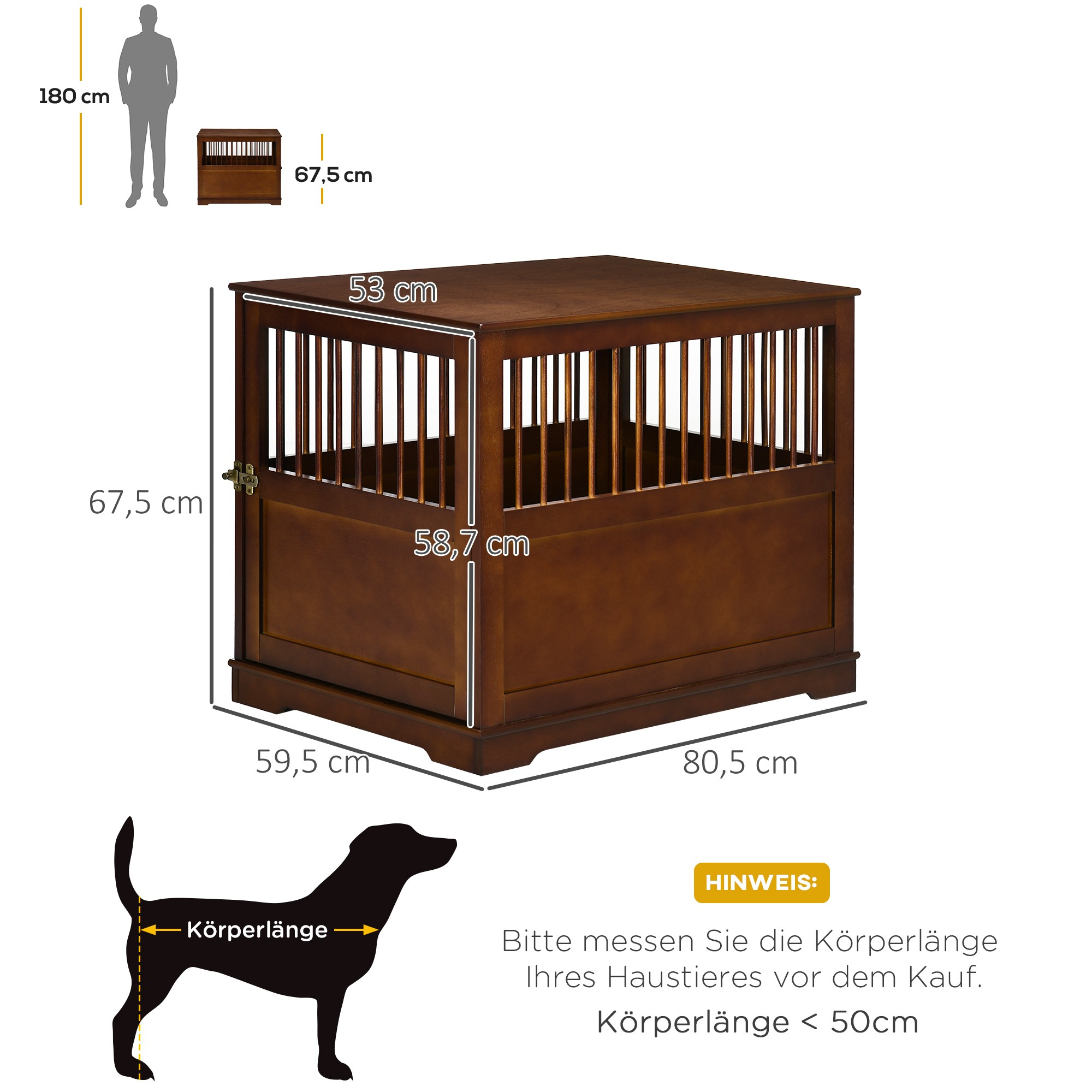 Hundebox mit beschrifteten Abmessungen. Silhouette eines Hundes zur Abschätzung der Körpergröße.