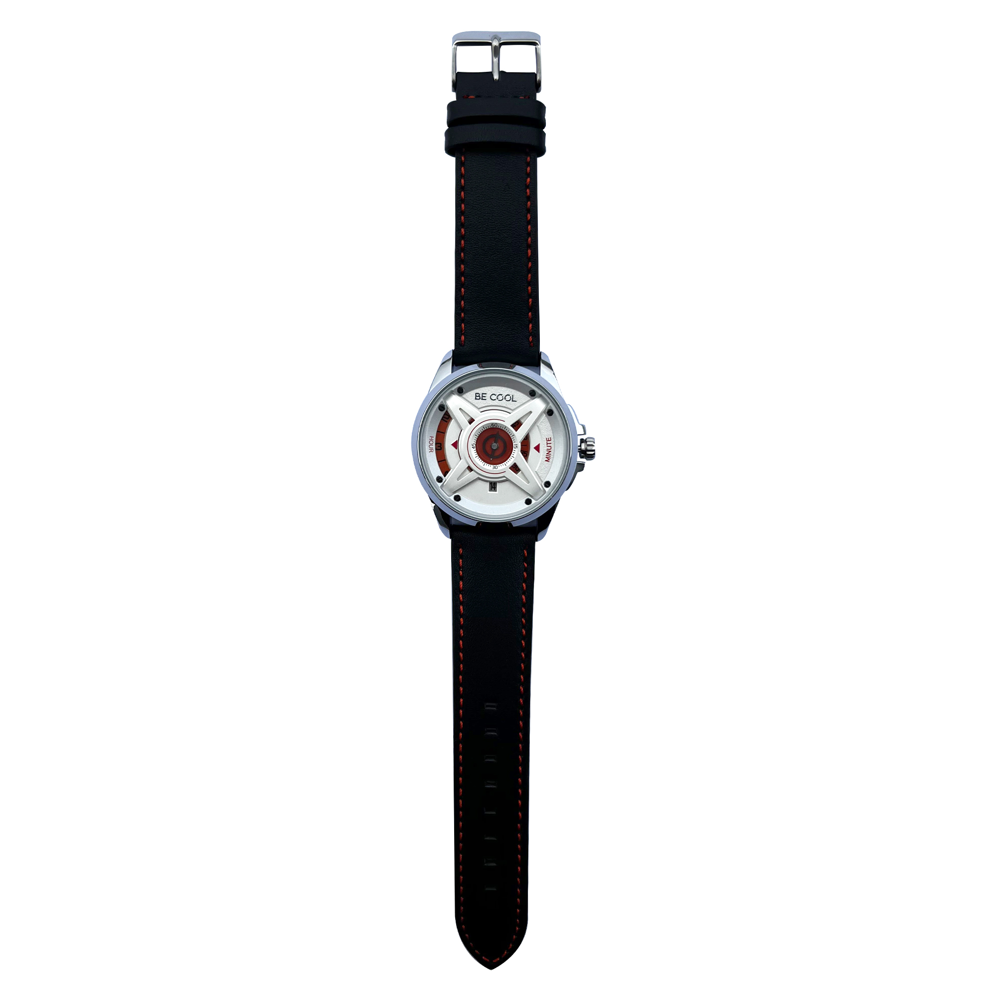 Eine schwarze Lederuhr mit silbernem Rahmen und rotem und weißem Zifferblatt, vor weißem Hintergrund.