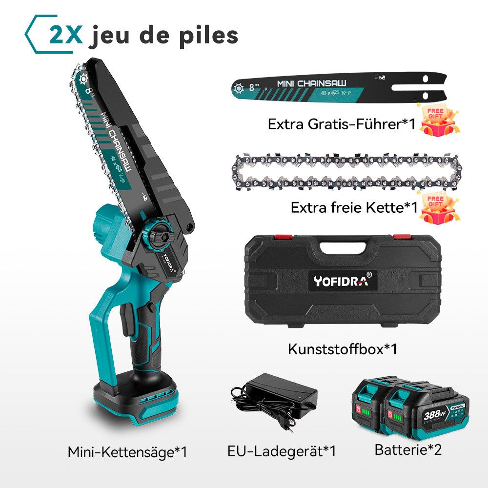 Mini-Kettensägen-Set: Kettensäge, Ladegerät, Batterien und extra Kette. Text beschriftet jeden Artikel.