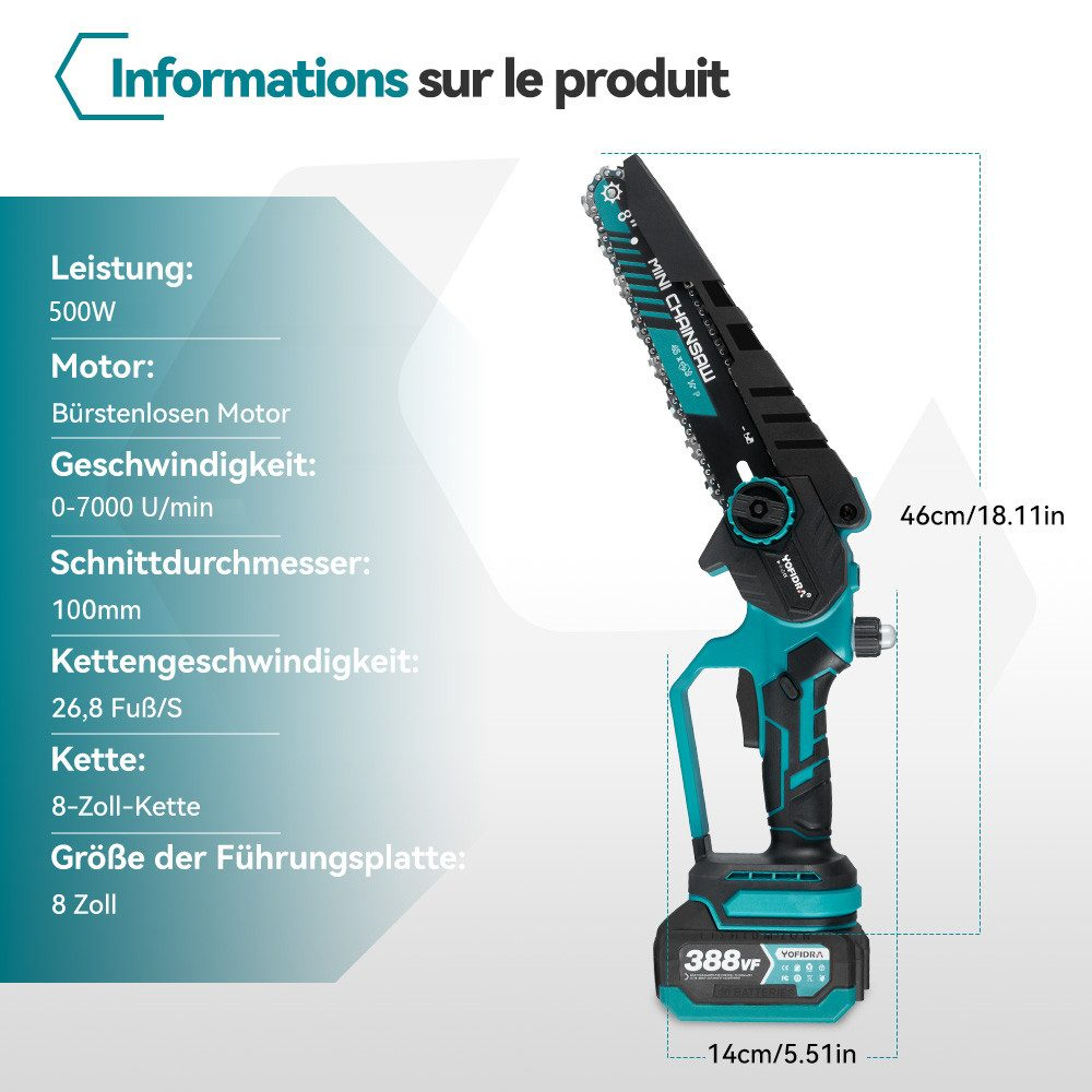 Produktinformationen zur Mini-Kettensäge mit Abmessungen. Türkis und Schwarz. Schnittdurchmesser, etc.