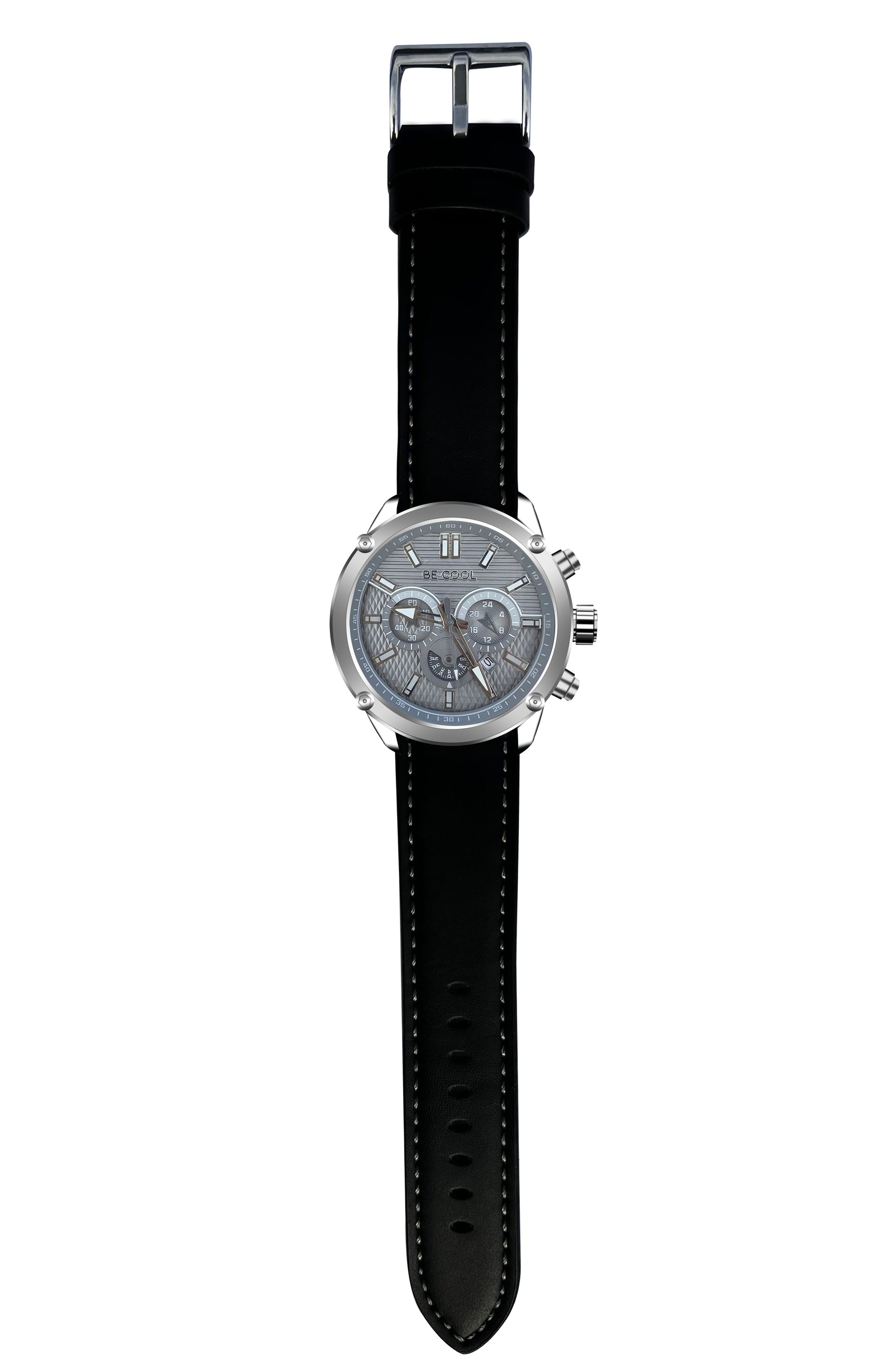 Silberne Armbanduhr mit schwarzem Lederarmband. Graues Zifferblatt mit mehreren Hilfszifferblättern.