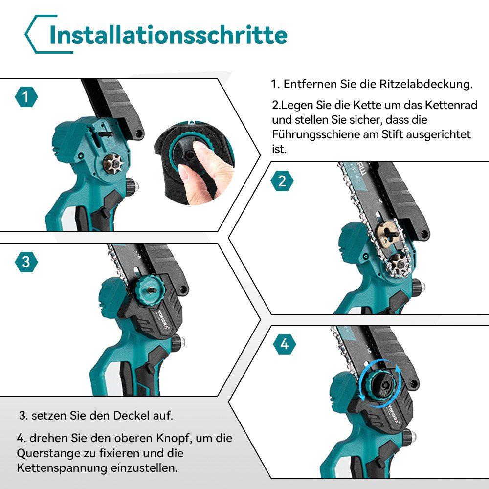 Eine Bildfolge, die Schritte zur Montage einer türkis-schwarzen Kettensäge zeigt.