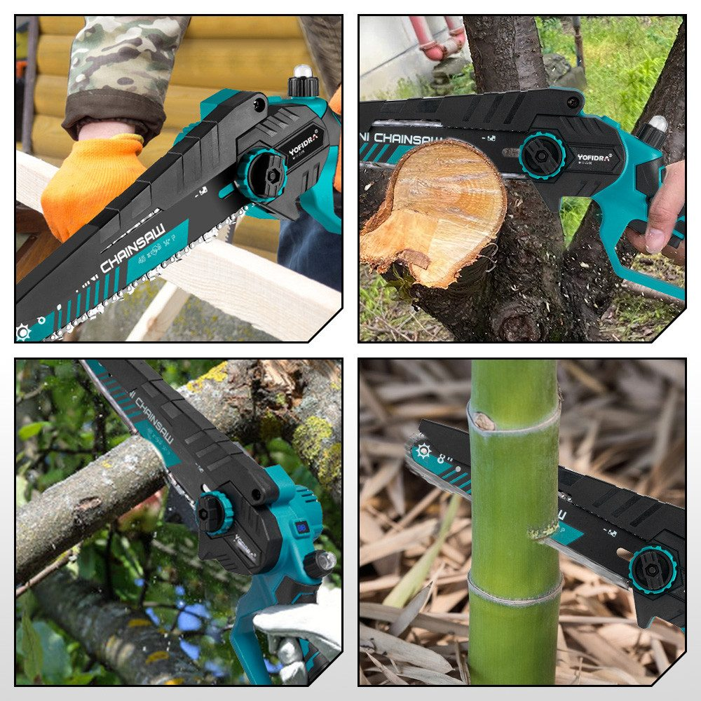 Vier Bilder einer Kettensäge, die Holz und Bambus schneidet. Türkis und schwarze Kettensäge.