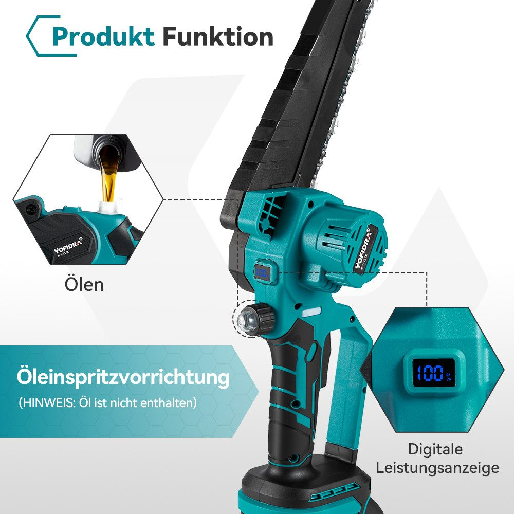 Mini-Kettensäge mit Öleinfüllfunktion. Türkis und Schwarz. Digitale Anzeige zeigt 100% Ladung.