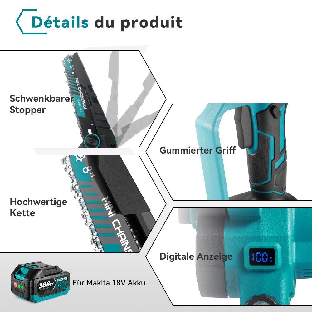 Details der Mini-Kettensäge, einschließlich Kette, Griff und Akku. Türkis und Schwarz. 100% Digitalanzeige.