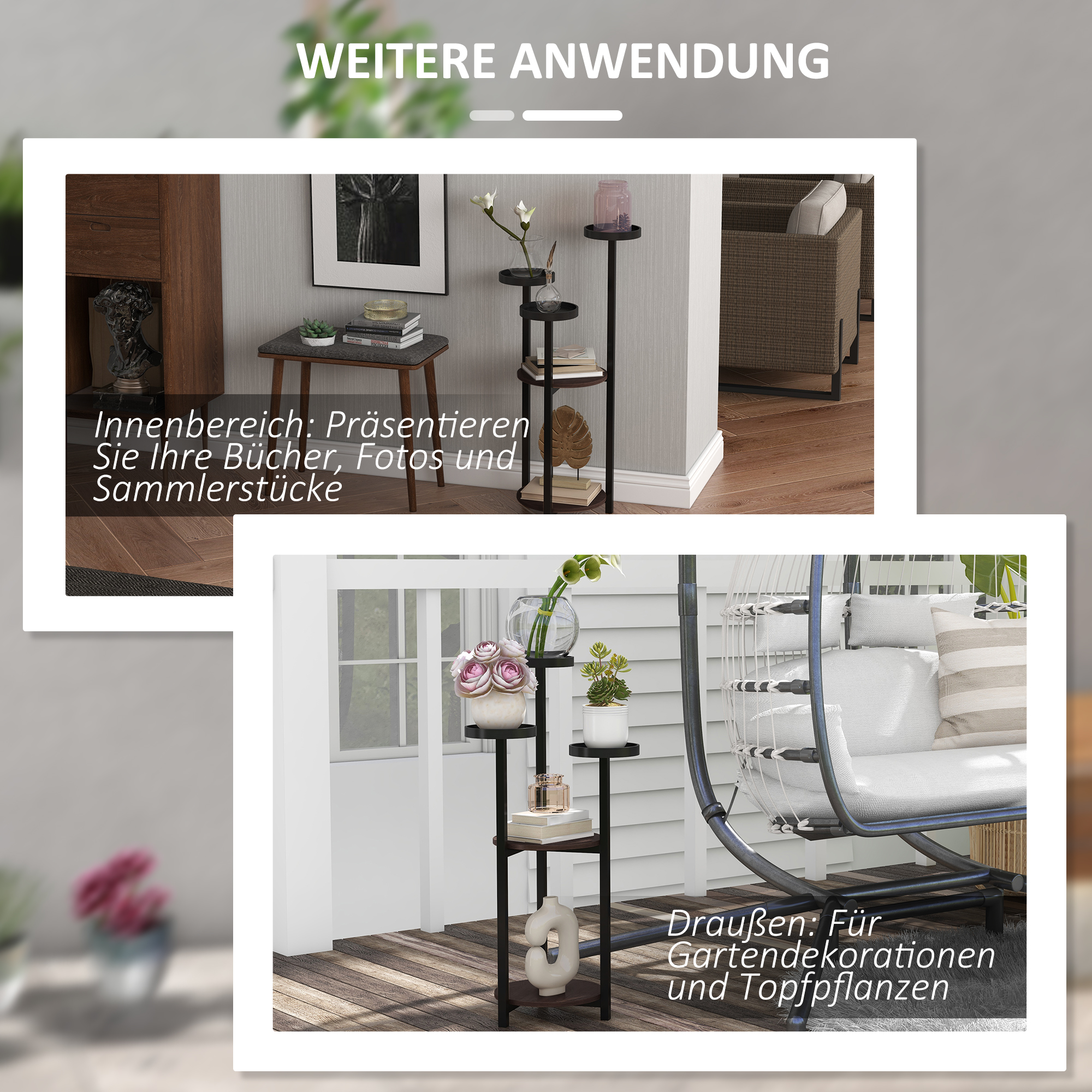 Bilder von Pflanzenständern in Innen- und Außenbereichen, die Pflanzen präsentieren.