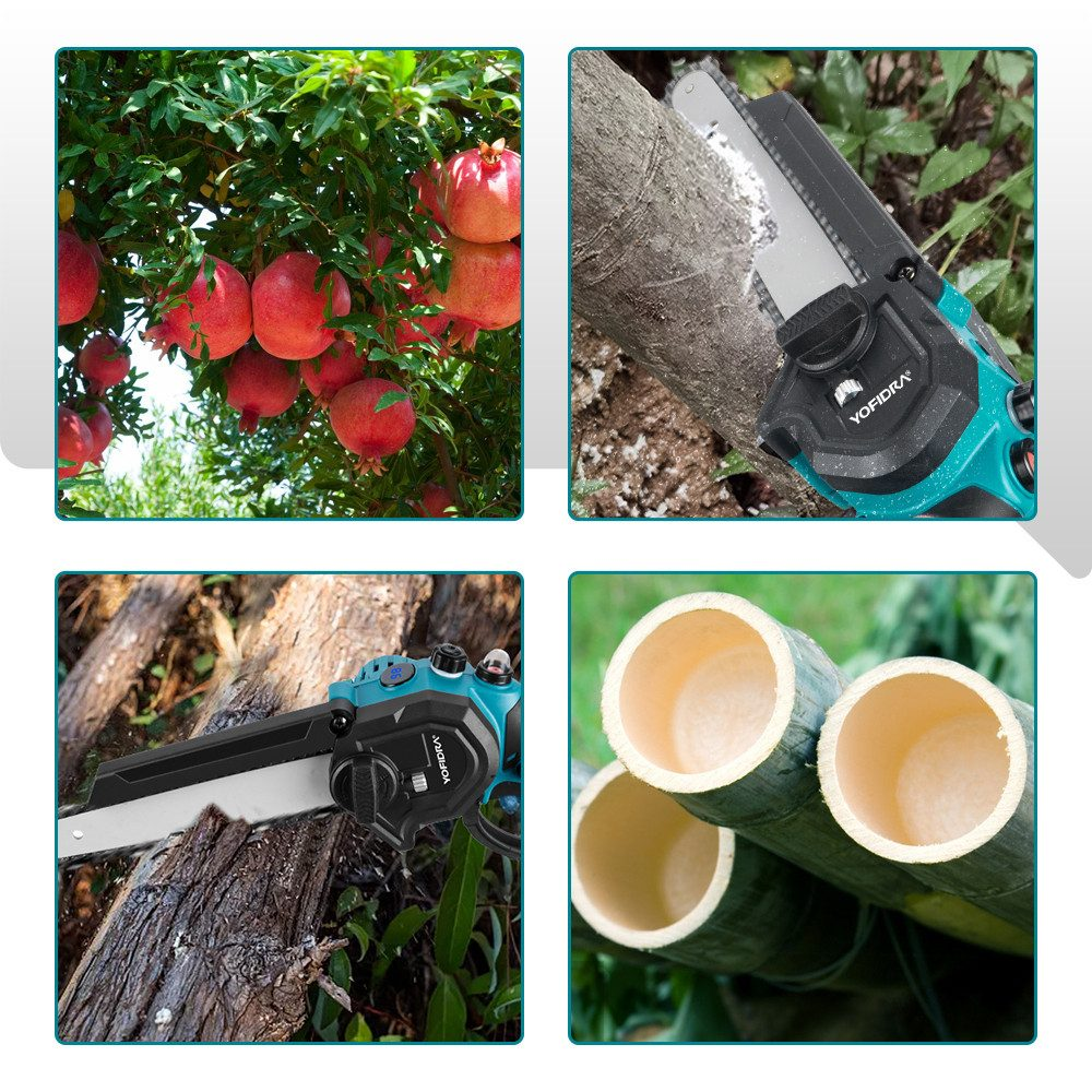 Vier Bilder, die die Mini-Kettensäge in Aktion zeigen: Schneiden von Granatäpfeln, Holz und Bambus.