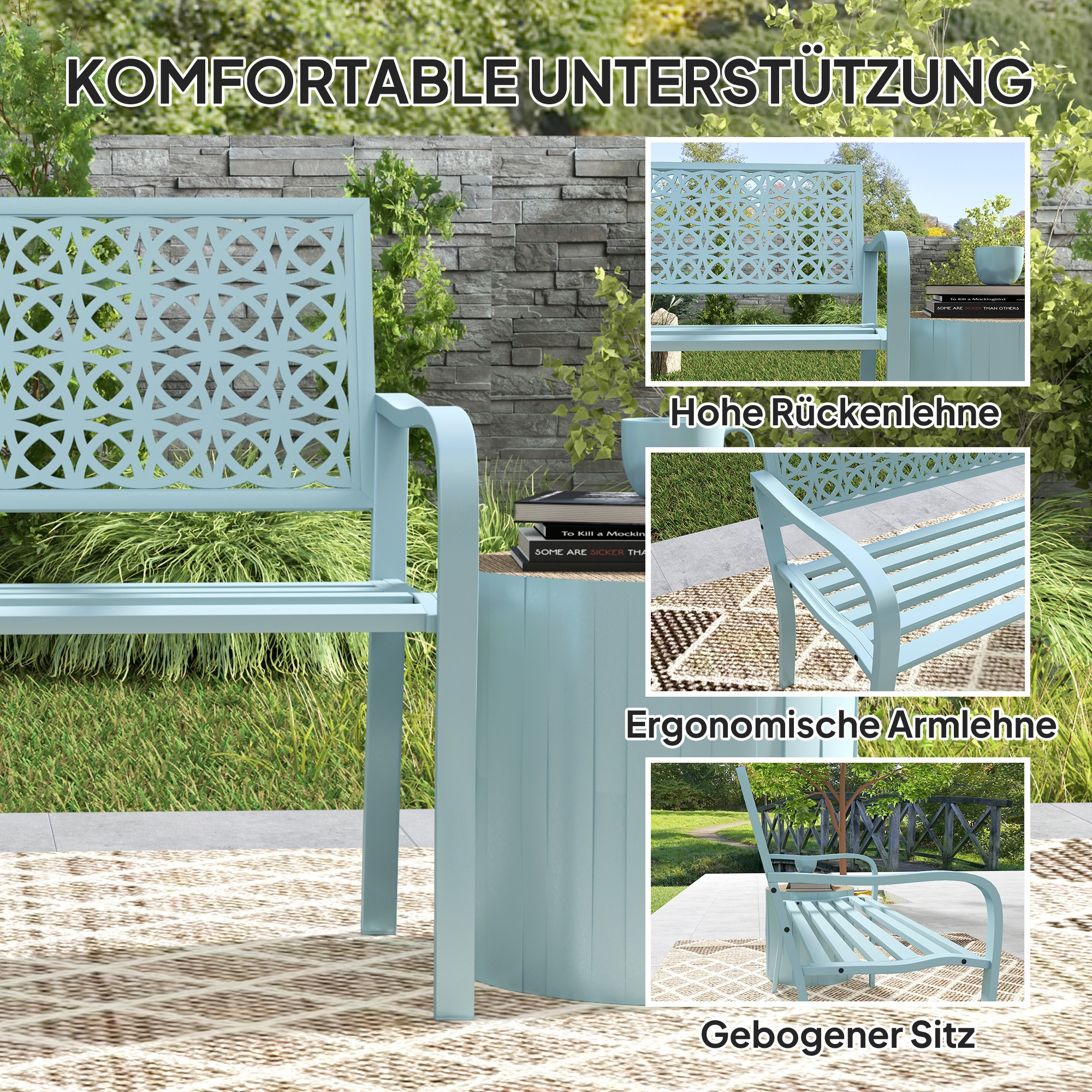 Eine hellblaue Gartenbank. Nahaufnahmen zeigen Details wie Rückenlehne und Armlehnen.