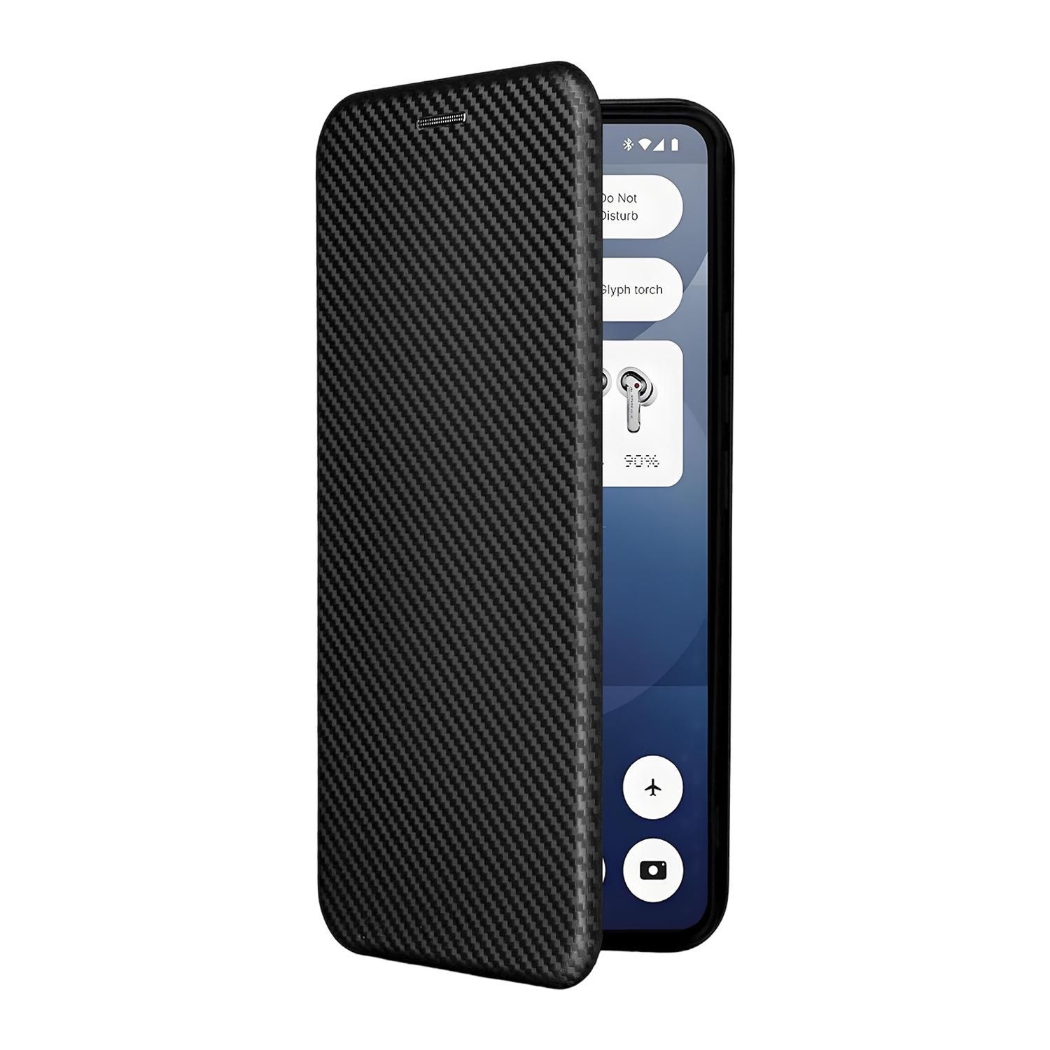 Schwarze Handyhülle mit Carbonfaser-Textur, offen, um einen Telefonbildschirm freizugeben.