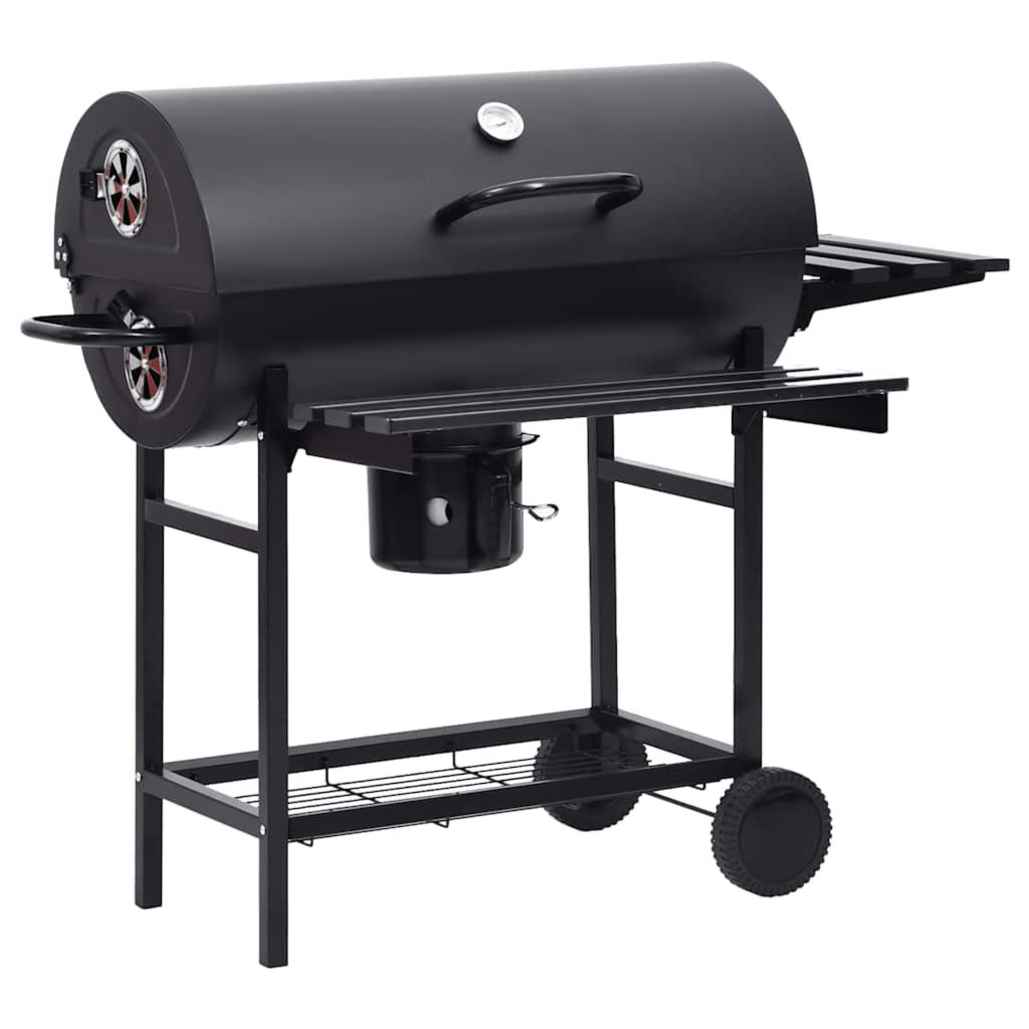 Ein schwarzer Grill mit Deckel und Seitenablagen. Er steht auf einem Metallständer.