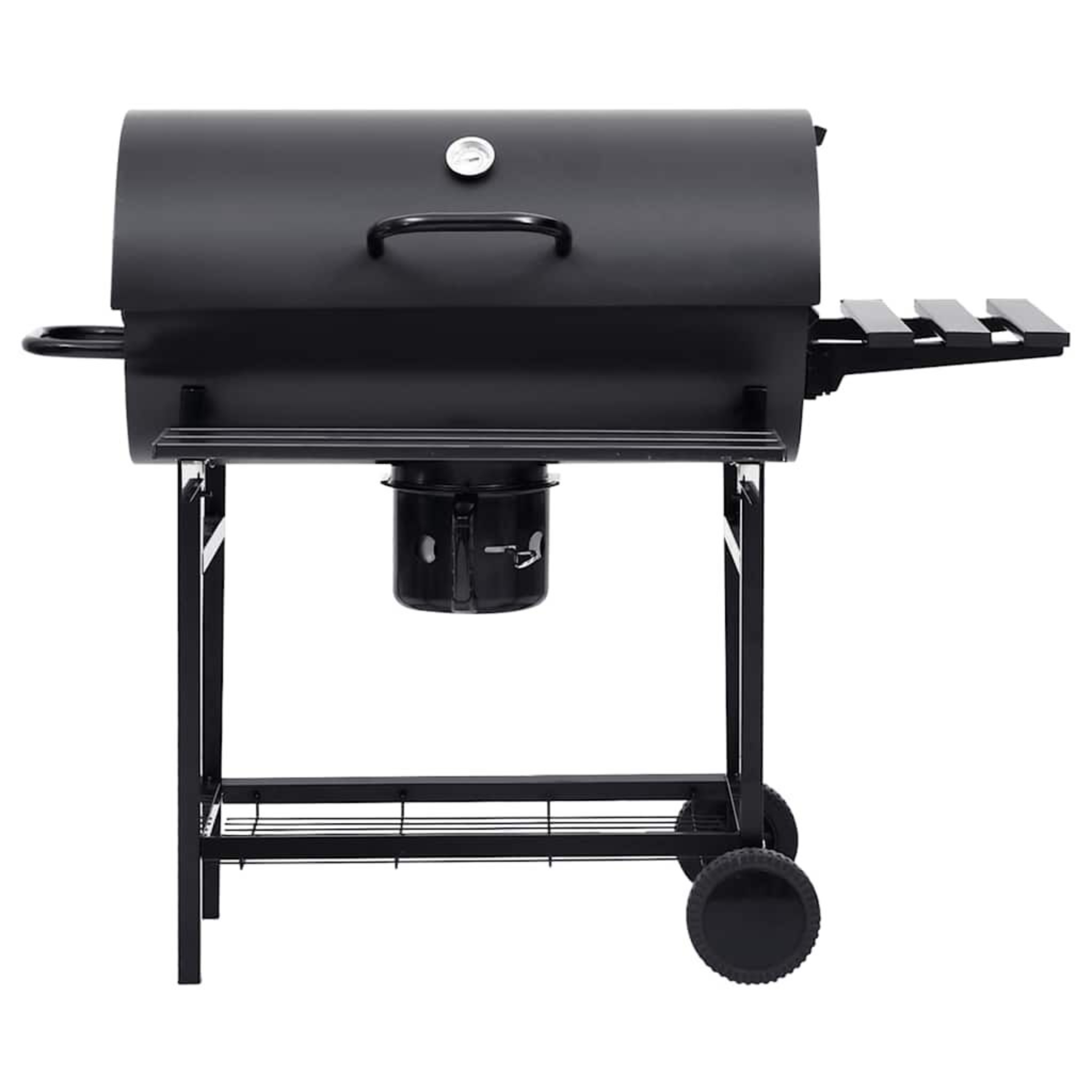 Ein schwarzer Grill mit Deckel und Seitenablagen. Er steht auf einem Metallständer.