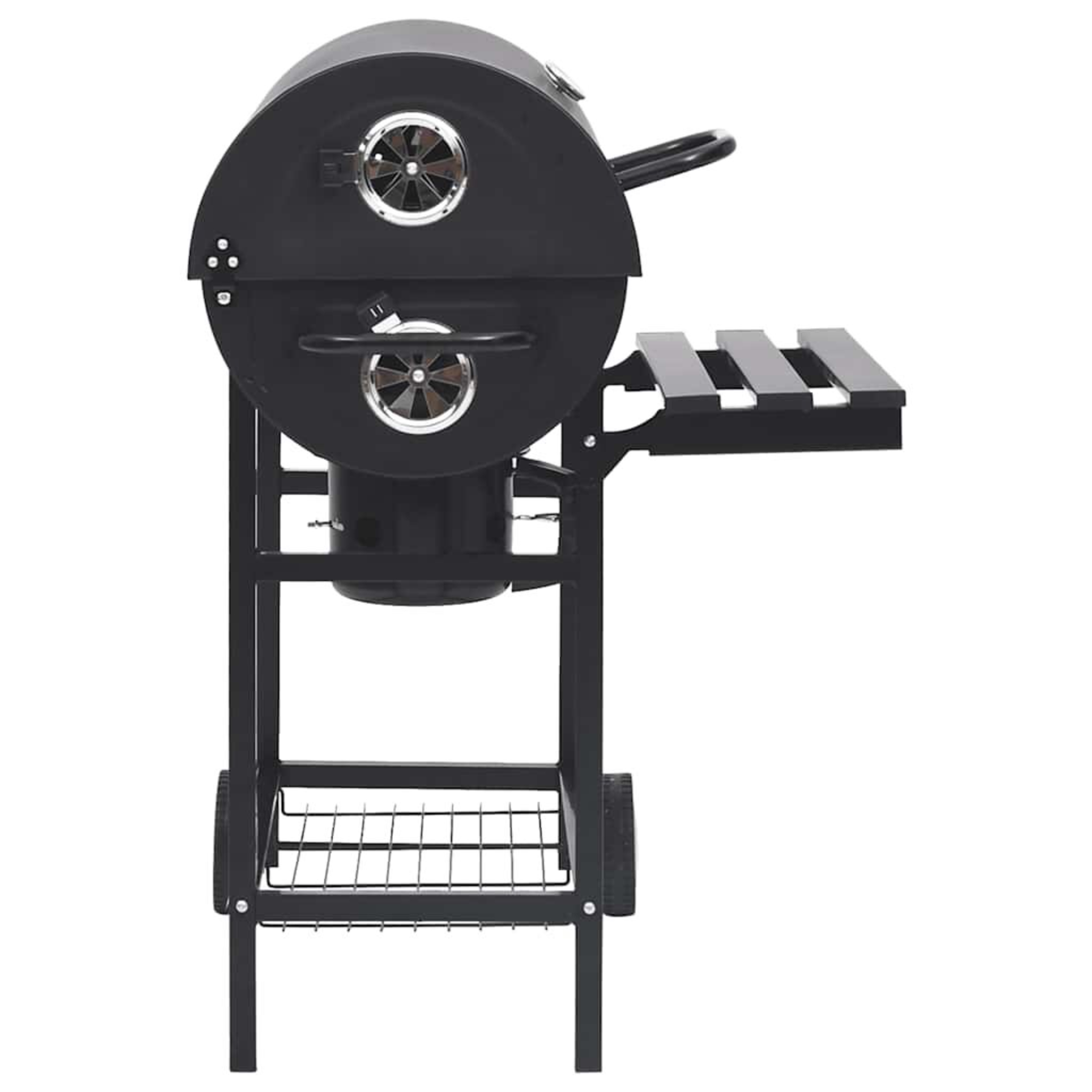 Ein schwarzer Grill mit Kochkammer, Warmhalterost und unterem Regal auf einem Metallrahmen.