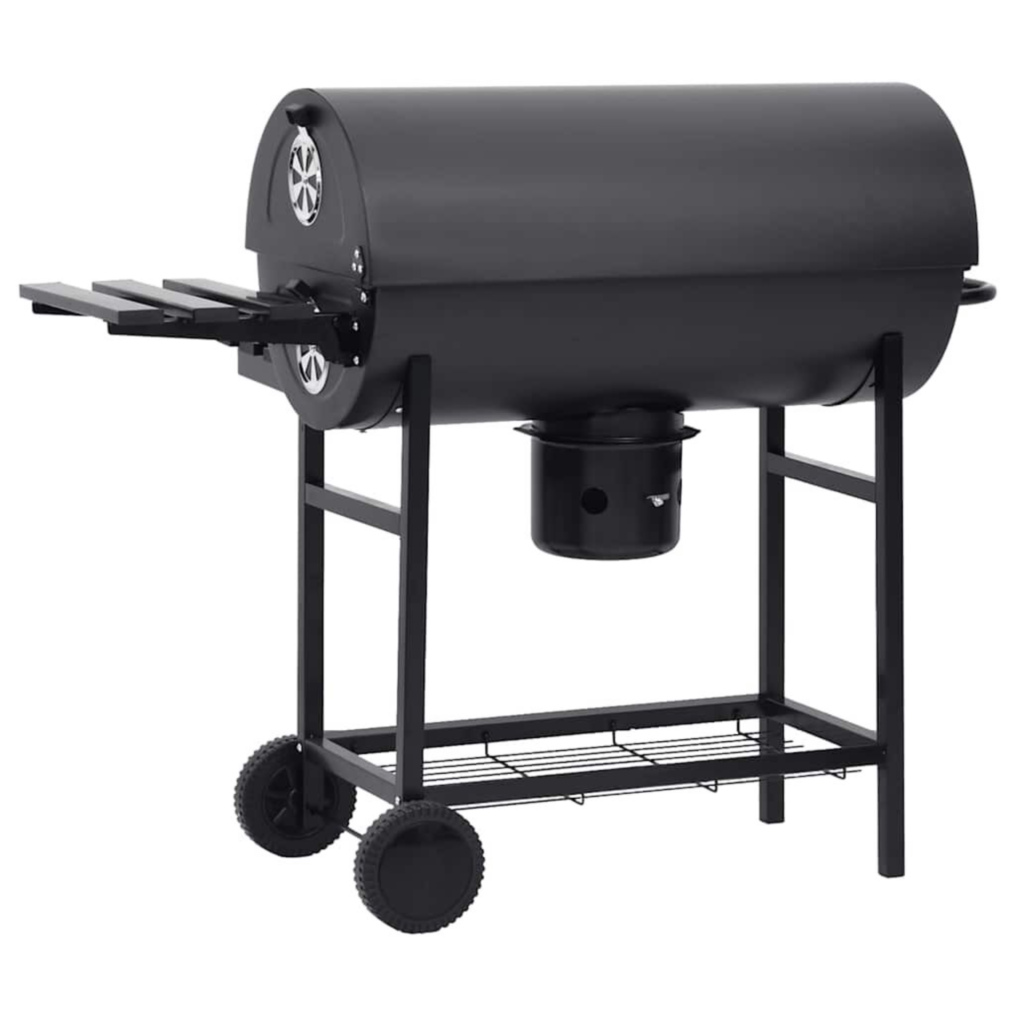 Ein schwarzer Grill mit Deckel und Seitenablagen. Er steht auf einem Metallständer.