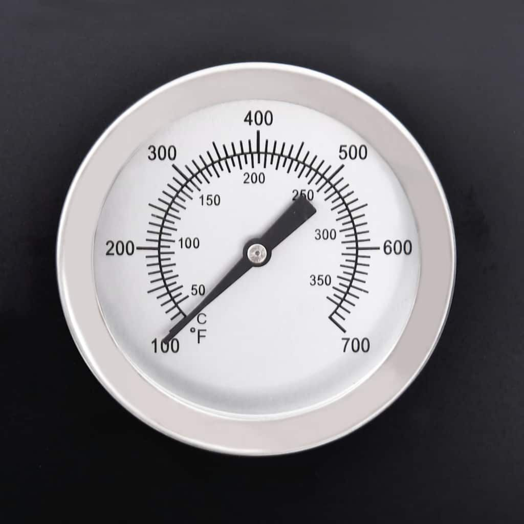 Nahaufnahme eines Grillthermometers mit Temperaturanzeige. Zahlen und Markierungen sind sichtbar.