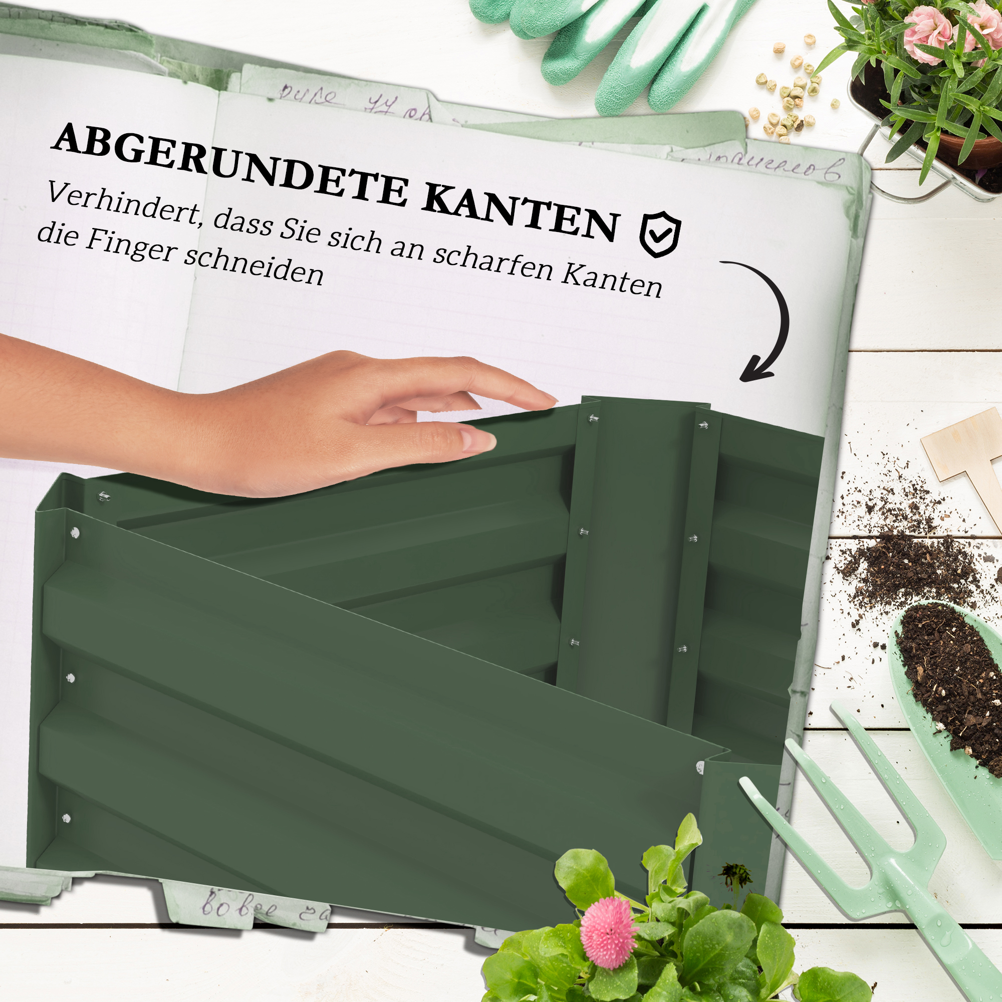 Eine Seite mit einem grünen Hochbeet und einer Hand mit Text. Text auf Deutsch.