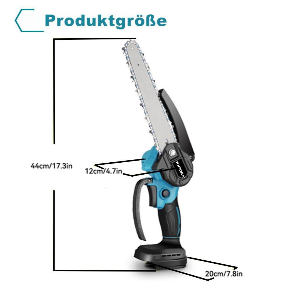Abmessungen der Kettensäge werden angezeigt, mit Maßen: 44 cm/17,3 Zoll Länge, 12 cm/4,7 Zoll Blatt, 20 cm/7,8 Zoll Breite.