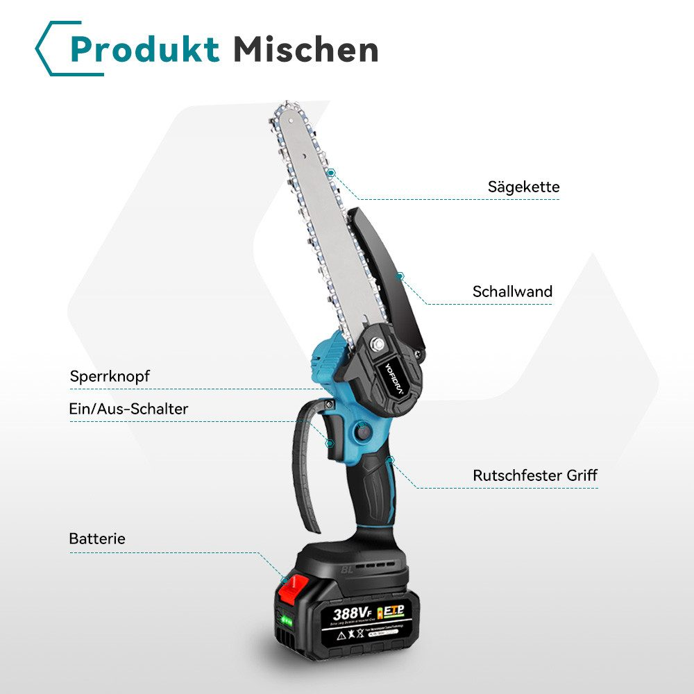 Blau-schwarze Kettensäge mit Akku, beschriftete Teile. Enthält: Sicherheitsverriegelung, Ein/Aus-Schalter und rutschfesten Griff.