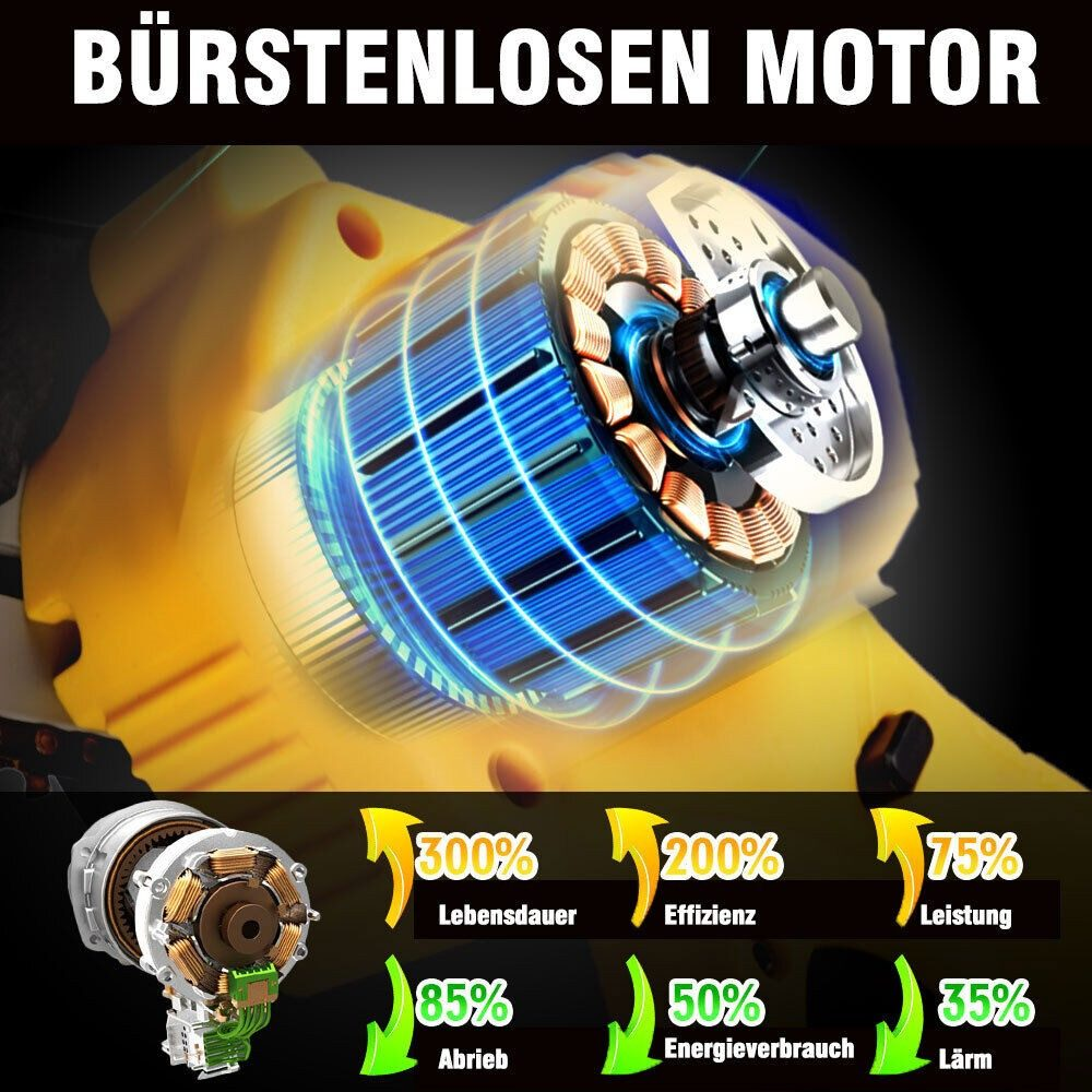 Nahaufnahme der inneren Komponenten eines gelben Werkzeugs, Hervorhebung eines bürstenlosen Motordesigns mit Effizienzdarstellungen.