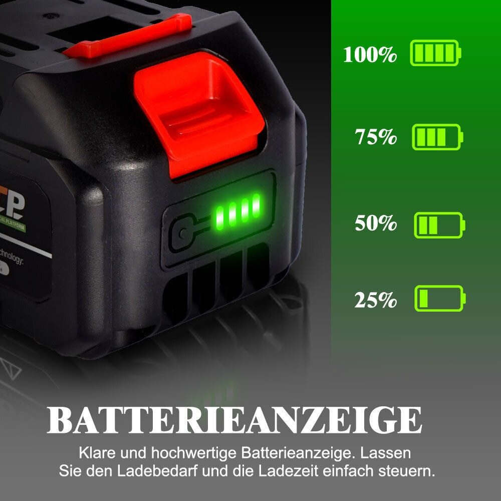 Nahaufnahme eines schwarzen Akkus mit grünen LED-Ladeanzeigen, die Prozentsätze der Ladezustände anzeigen.