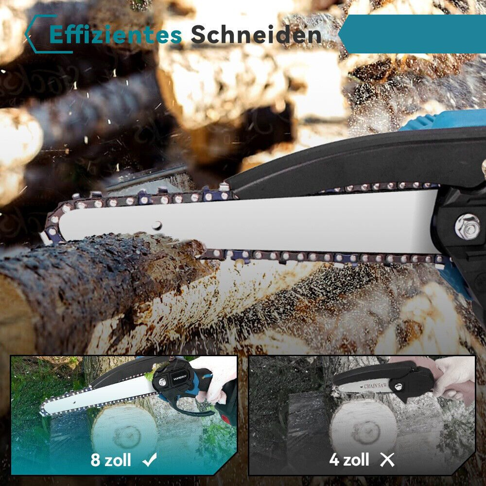 Nahaufnahme, die effizientes Schneiden mit einer Kettensäge zeigt. Zeigt 8-Zoll- und 4-Zoll-Schnitte mit dem Werkzeug.