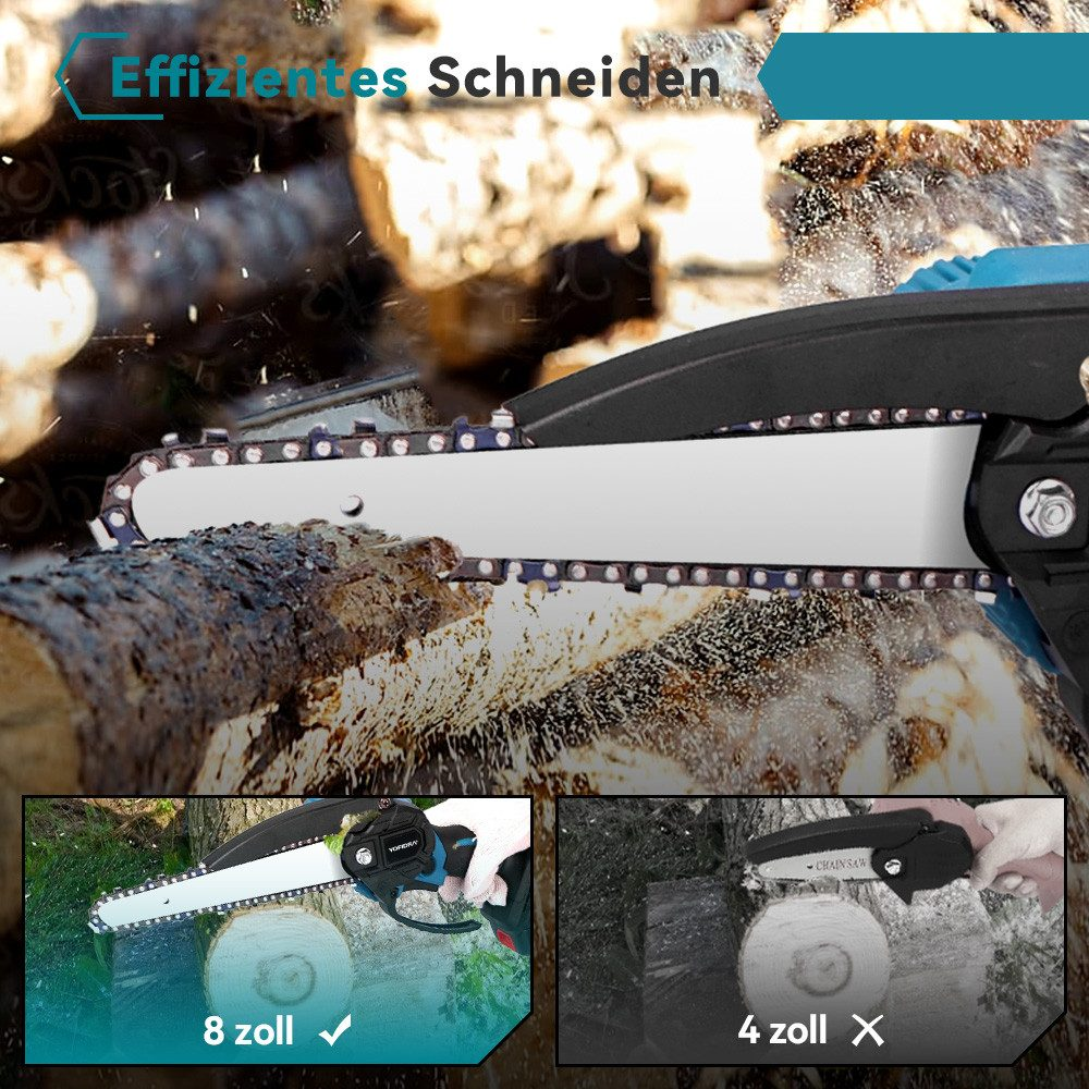 Die Kettensägen-Schneideffizienz wird gezeigt. Ein 8-Zoll-Schnitt ist gut, während ein 4-Zoll-Schnitt nicht gut ist.