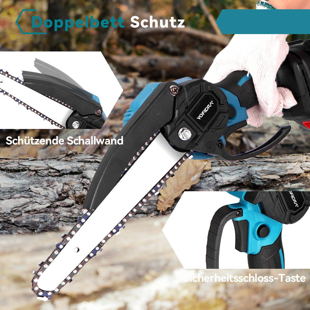 Kettensägen-Details: Schutzblech, Sicherheitsschlosstaste und eine Hand mit Handschuh.