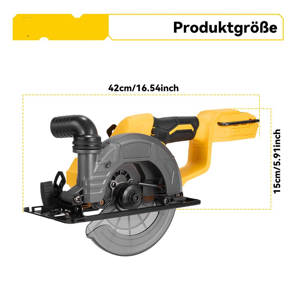 Gelbe und graue Kreissäge, Abmessungen: 42 cm/16,54 Zoll und 15 cm/5,91 Zoll. Produktinformationslayout.