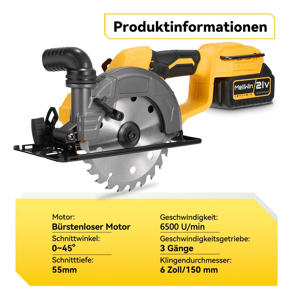 Gelbe und graue Kreissäge mit Spezifikationen. Text enthält Motortyp, Geschwindigkeit, Schnitttiefe und Blattgröße.