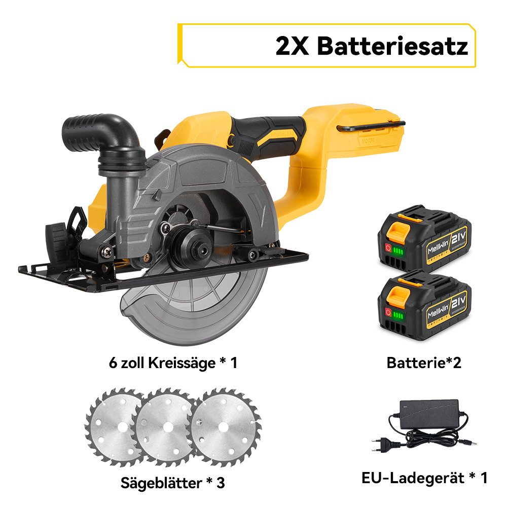 Gelbe und graue Kreissäge mit zwei Batterien, Sägeblättern und Ladegerät. Text zeigt '2X Batteries'.