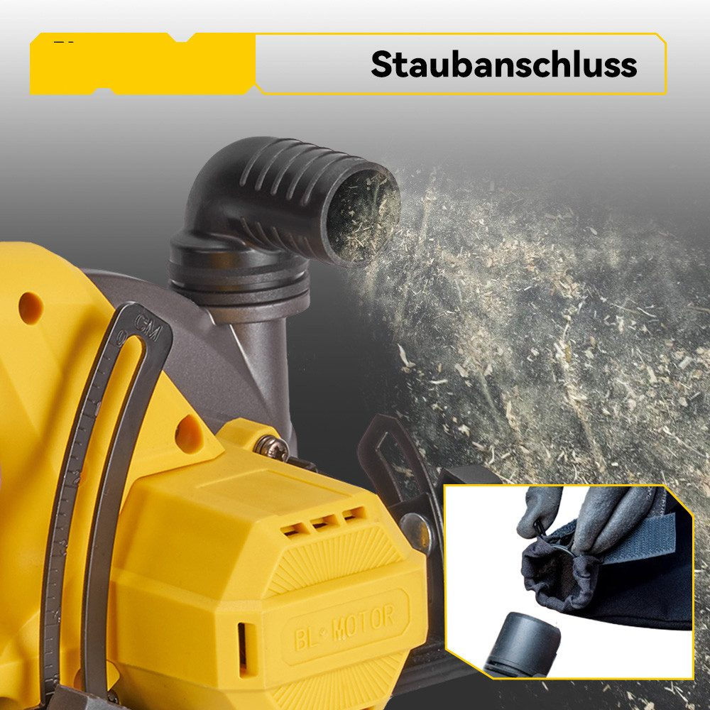 Nahaufnahme eines gelben Werkzeugs, zeigt einen Staubanschluss und Details zur Sägemehlentfernung im Hintergrund.