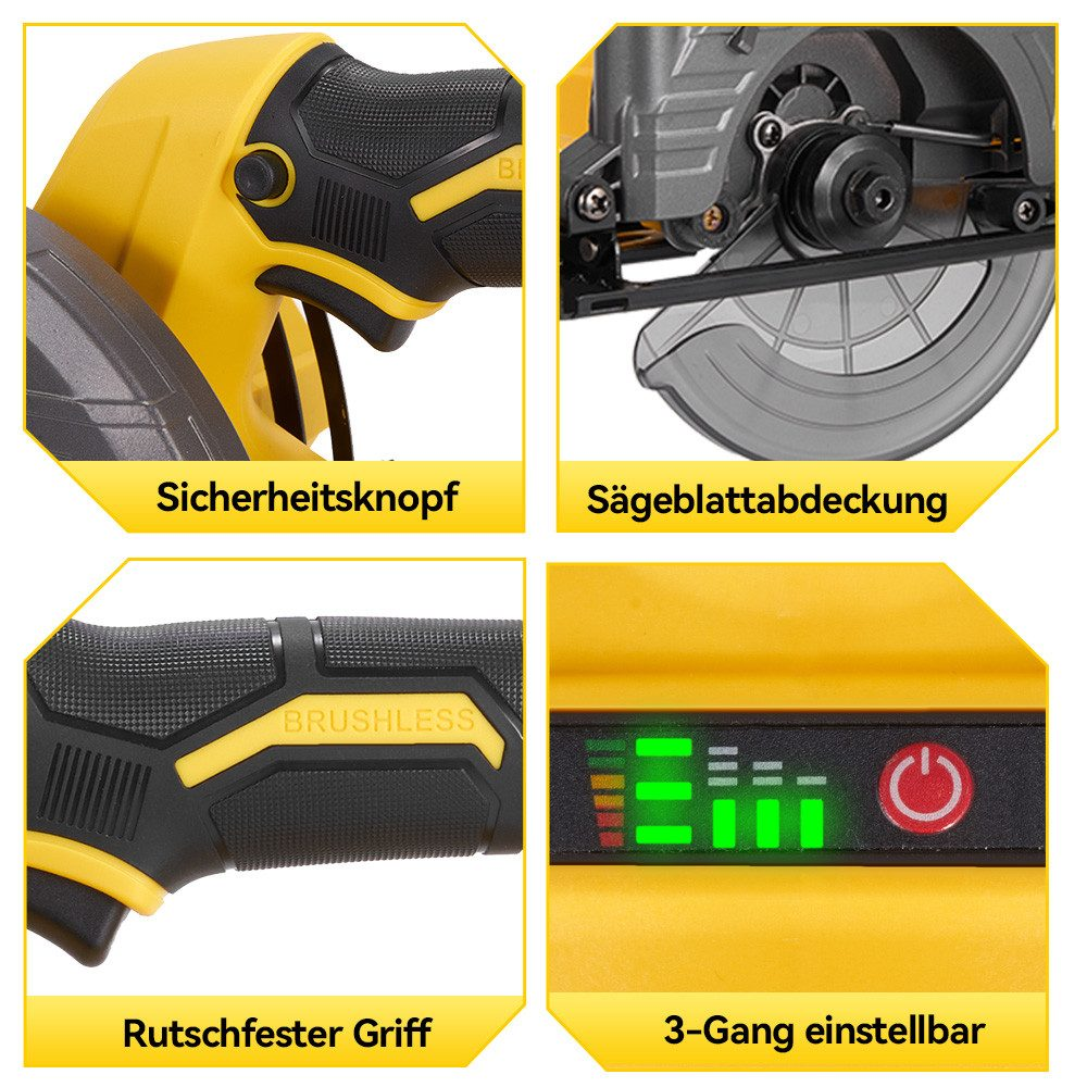 Nahaufnahme einer Kreissäge mit gelben und schwarzen Details, die Funktionen zeigt.