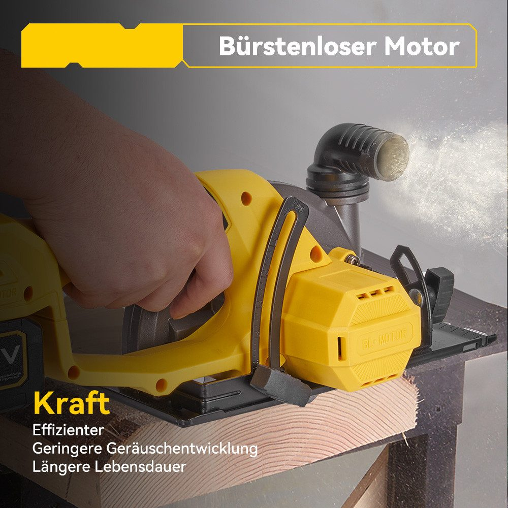 Nahaufnahme einer gelben Kreissäge, die ihre Leistungs-, Effizienz- und längere Lebensdauer-Merkmale hervorhebt.
