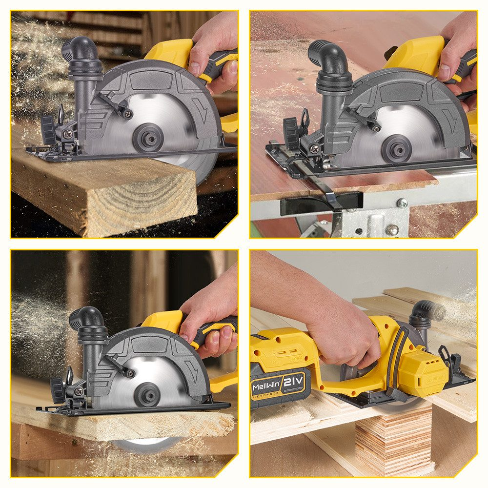 Bilder einer Kreissäge, die Holz schneidet, mit gelben und schwarzen Details.