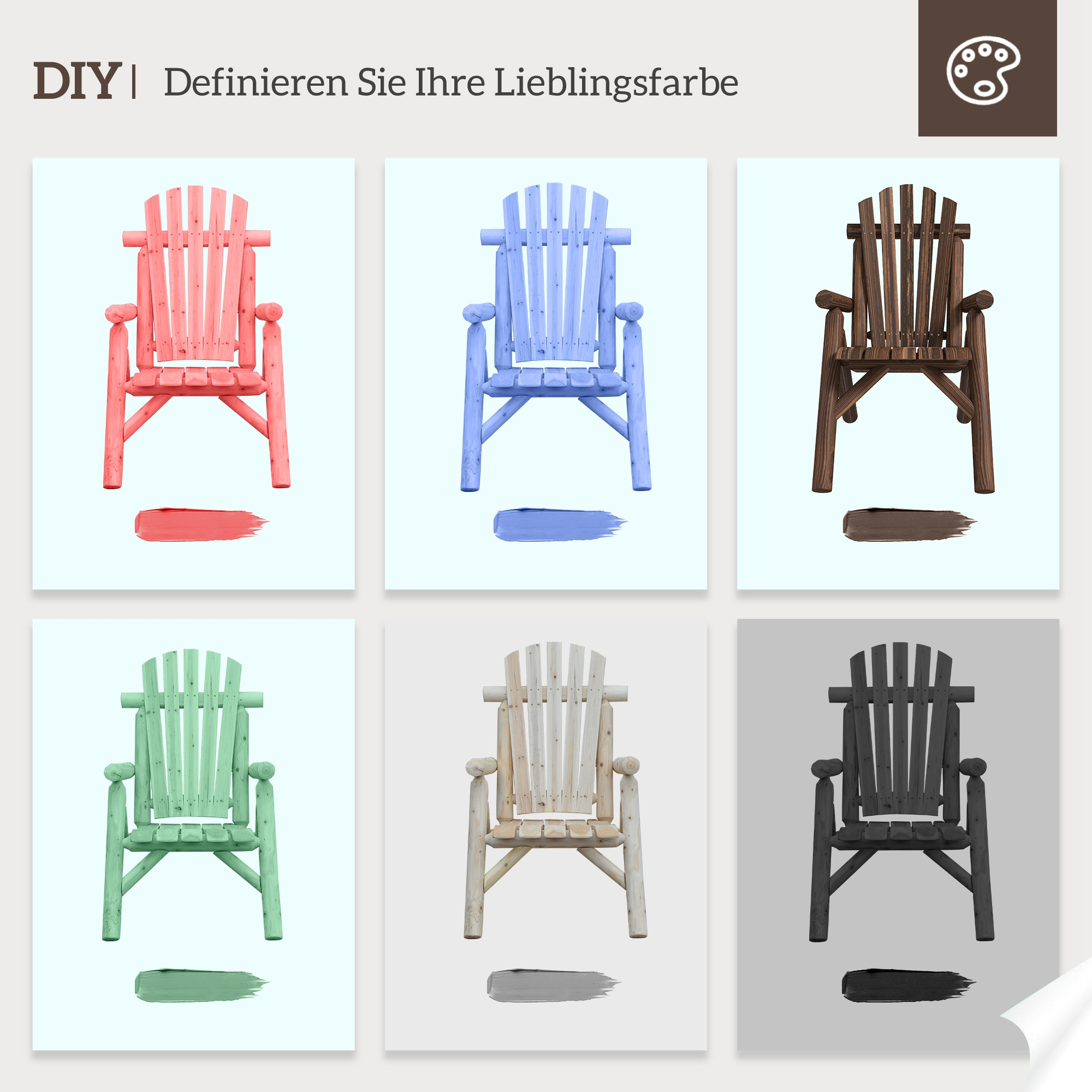 Sechs Holzstühle in verschiedenen Farben auf weißem Hintergrund. Jeder mit einem Farbmuster.