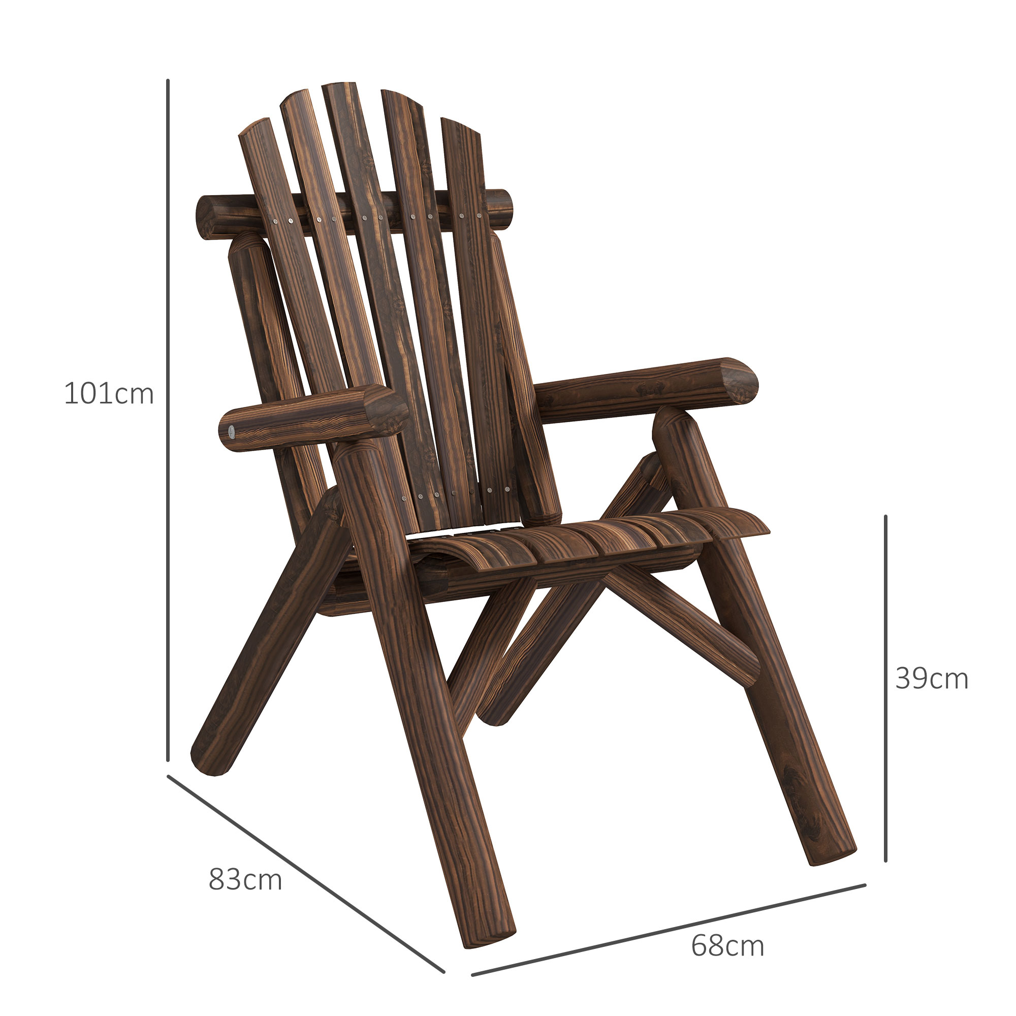 Holzstuhl mit Abmessungen. Der Stuhl ist braun und hat eine Lattenlehne und einen Sitz.