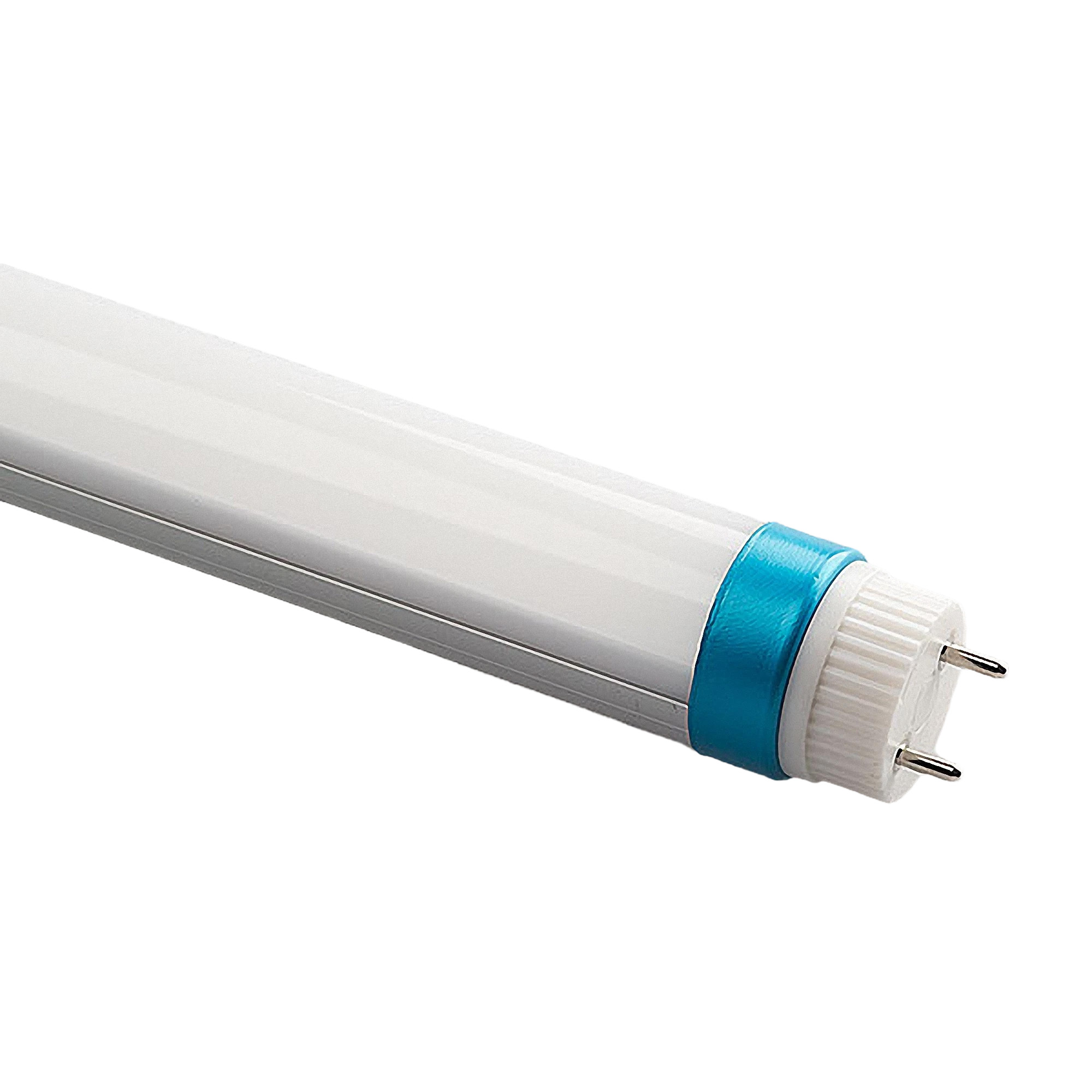 Eine weiße LED-Röhrenleuchte mit blauen Akzenten an den Enden. Die Leuchte hat zwei Stifte.