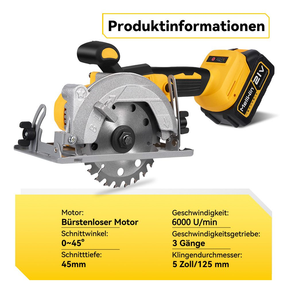 Eine gelbe und silberne Kreissäge mit schwarzem Griff und einem 21V-Akkupack.