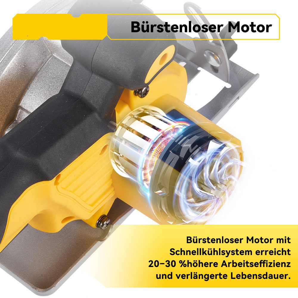 Nahaufnahme einer gelben und schwarzen Kreissäge. Die Säge hat ein silbernes Sägeblatt und einen Motor.