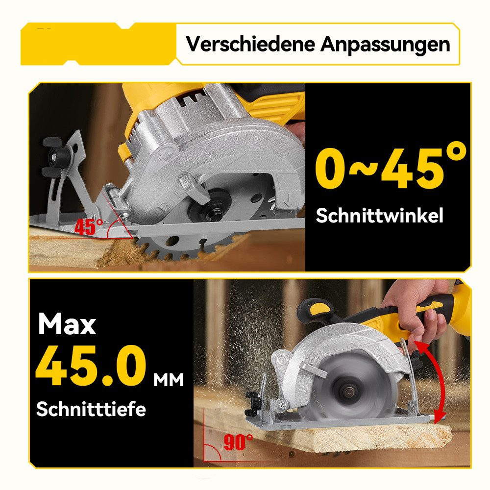 Diagramm, das einstellbare Schnittwinkel an einer Kreissäge mit Messungen zeigt.