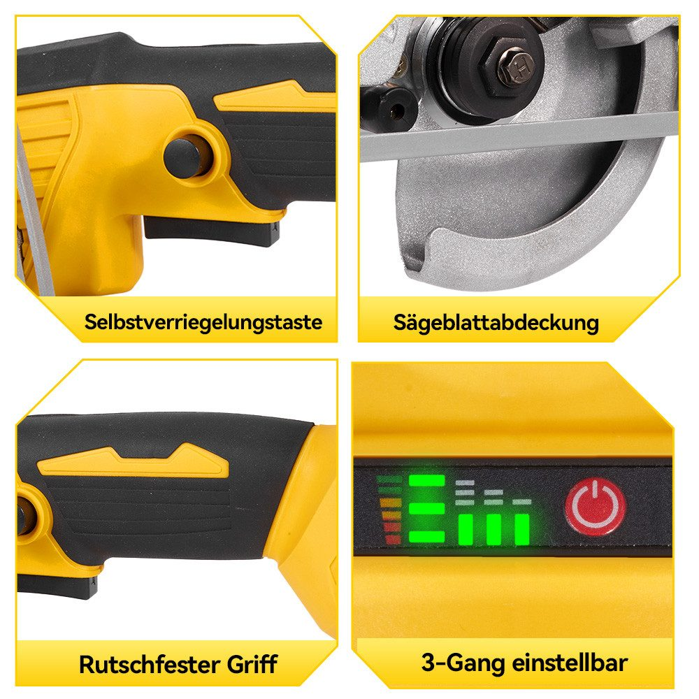 Nahaufnahmen einer gelb-schwarzen Kreissäge, die Details zeigen.