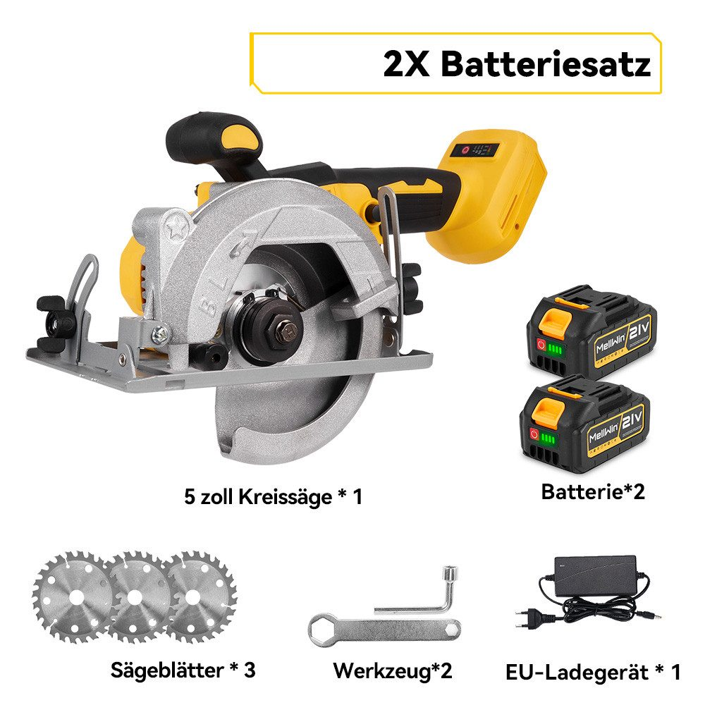 Eine Kreissäge mit Zubehör, einschließlich Klingen, Batterien und einem Ladegerät.