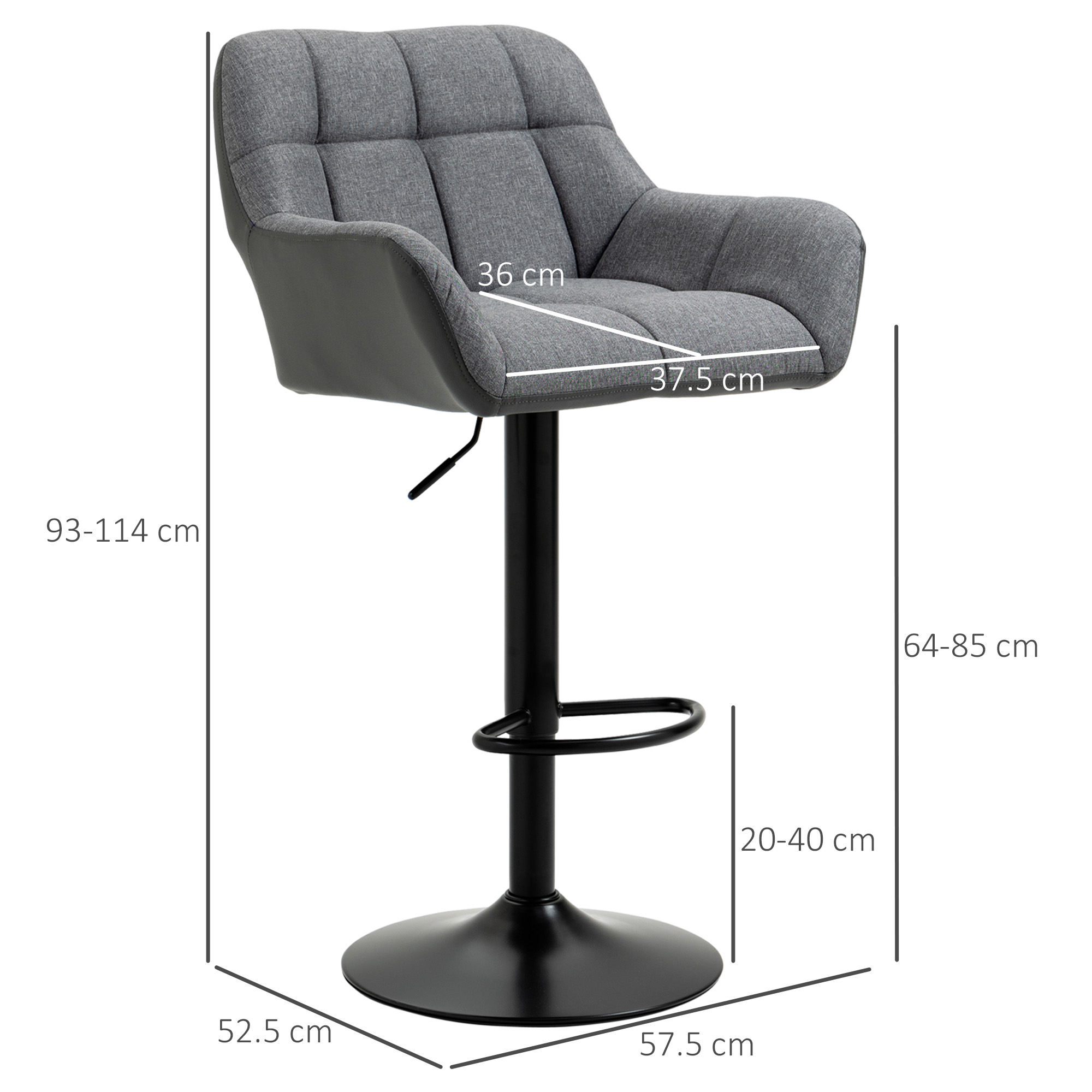 Ein grauer Barhocker mit Maßen. Er hat ein schwarzes Gestell und der Sitz ist 36 cm breit.