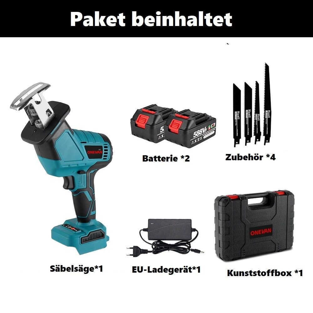 Der Lieferumfang einer Säbelsäge: Säge, Akkus, Ladegerät, Sägeblätter, Koffer.