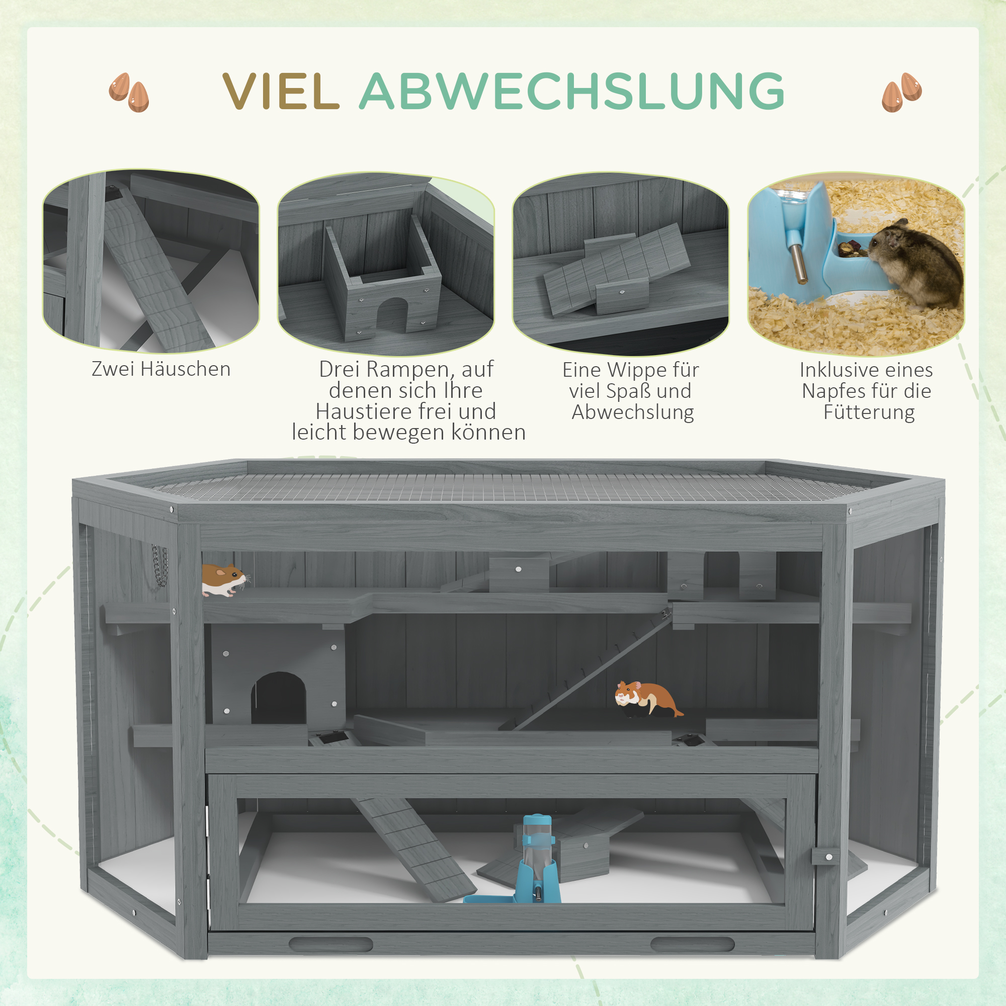 Grauer Hamsterkäfig mit mehreren Ebenen, Rampen und einem kleinen Haus. Merkmale sind eine Futterschale und ein Hamster.