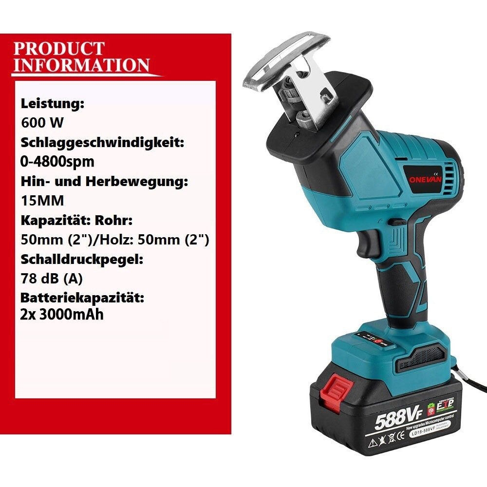 Produktinformationen zu einer Säbelsäge, einschließlich Leistung und Abmessungen.