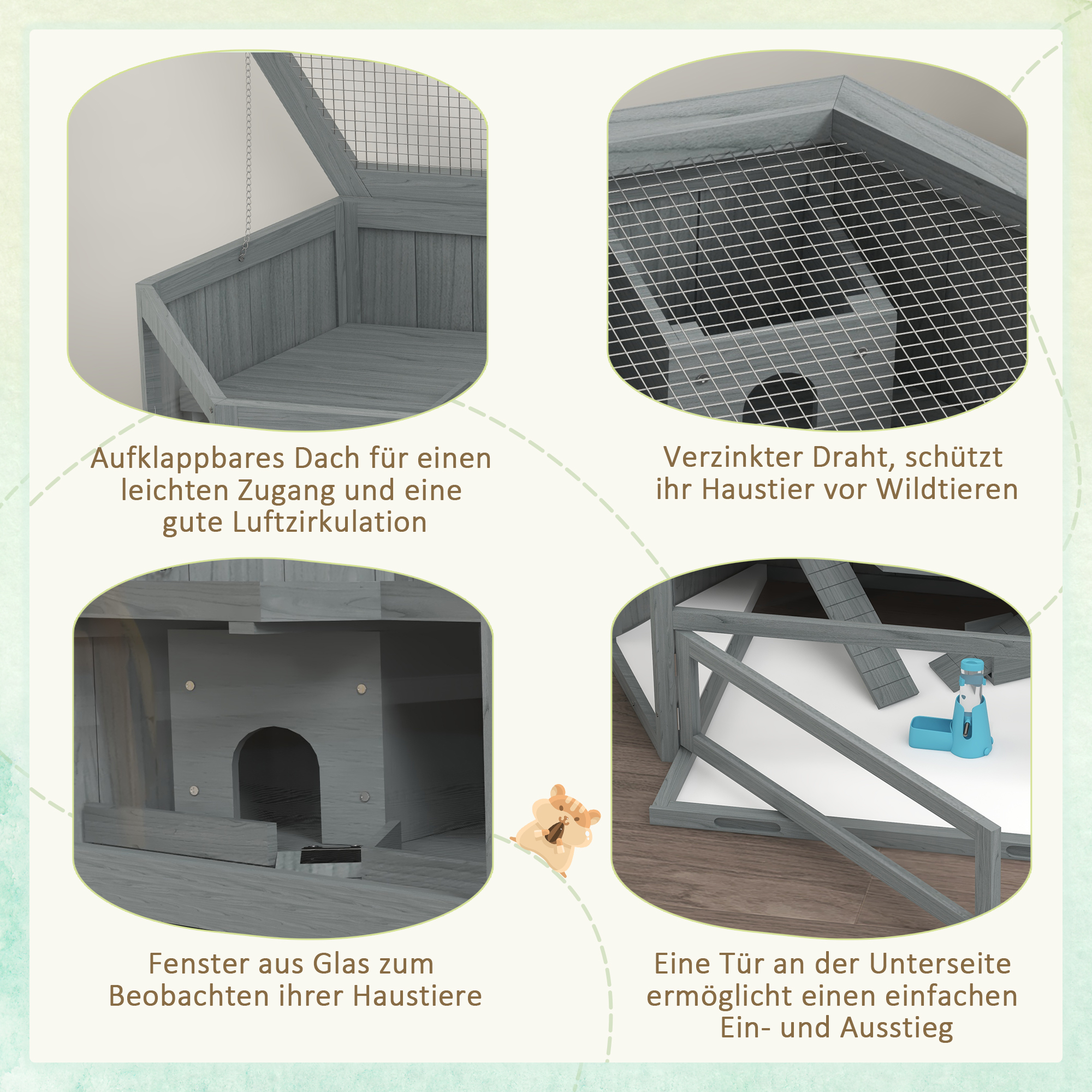 Nahaufnahme eines grauen Hamsterkäfigs mit aufklappbarem Deckel, Drahtgitter und einer kleinen Tür. Enthält Details.